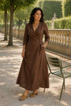 Brown linen wrap midi dress, lifestyle, daytime ease, natural texture
