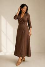 Brown linen wrap midi dress, three-quarter view, wrap silhouette, three-quarter sleeves, side pockets