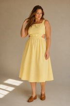 Butter yellow linen a-line midi dress, full front view, a-line skirt and midi length