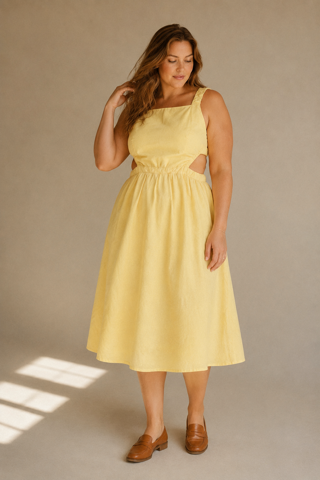 Butter yellow linen a-line midi dress, full front view, a-line skirt and midi length