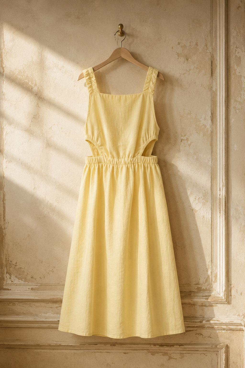 Butter yellow linen a-line midi dress, hanging on wooden hanger against plaster wall