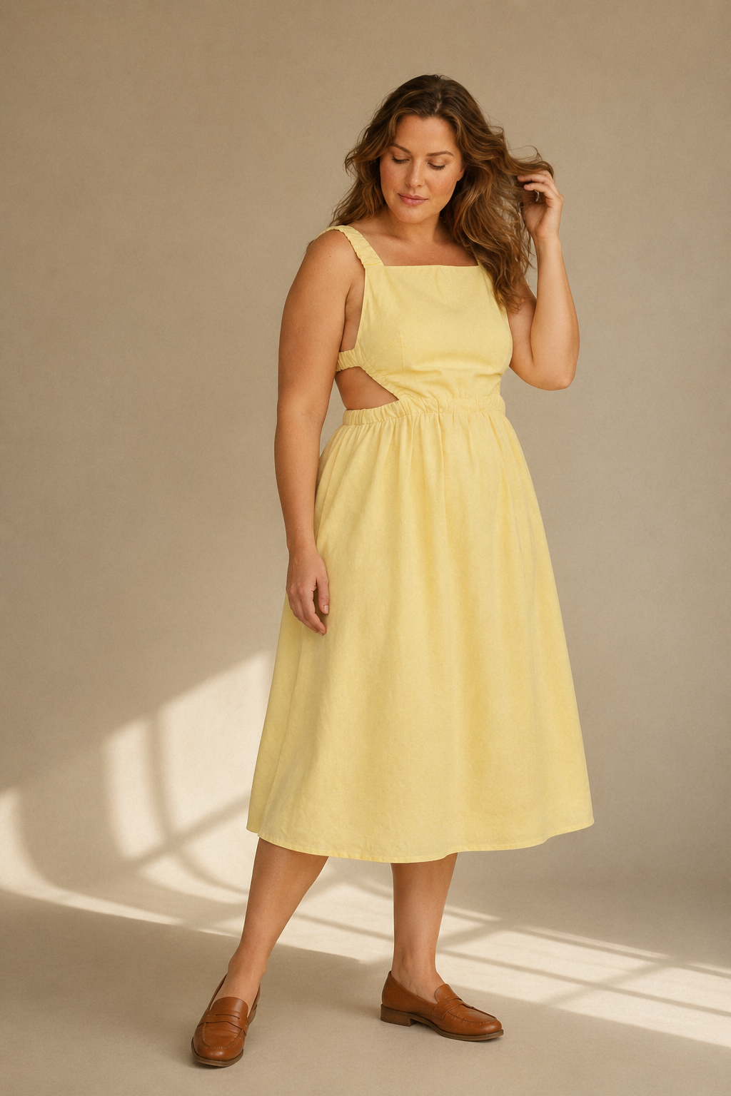 Butter yellow linen a-line midi dress, three-quarter view, waist cut-outs and flowing skirt