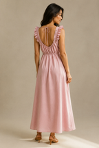 Light pink cotton relaxed fit midi dress, back view, smooth drape and simple back