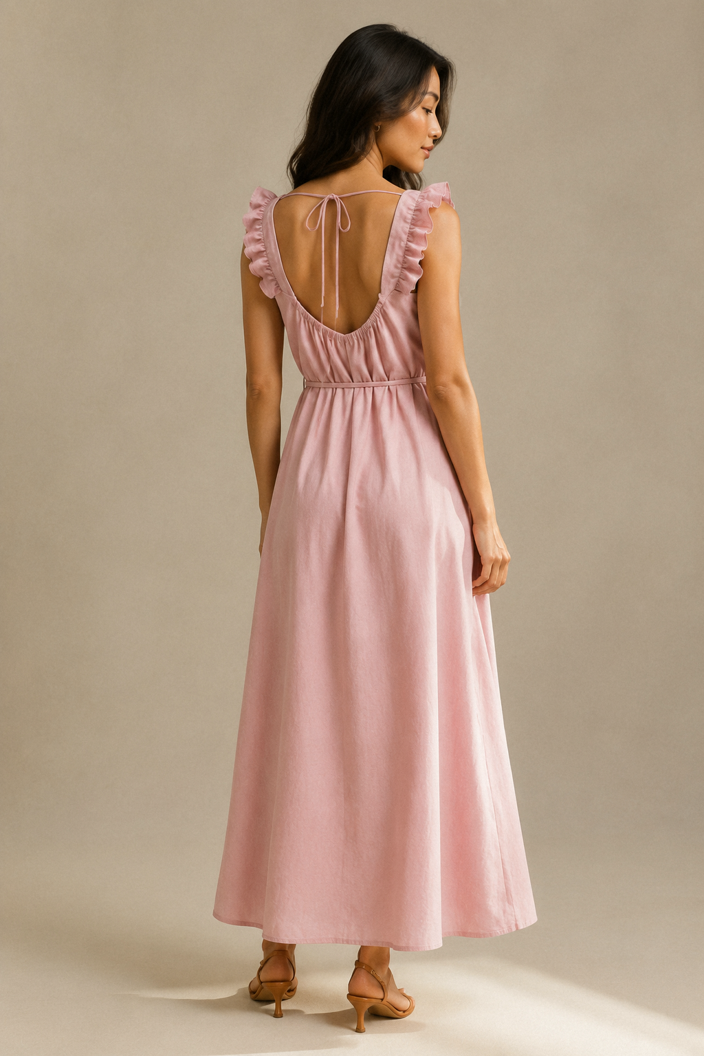 Light pink cotton relaxed fit midi dress, back view, smooth drape and simple back