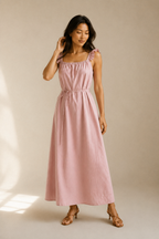 Light pink cotton relaxed fit midi dress, full front view, soft square neckline and midi length