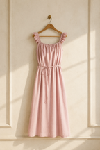 Light pink cotton relaxed fit midi dress, hanging on wooden hanger against plaster wall