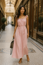 Light pink cotton relaxed fit midi dress, lifestyle, daytime ease in soft pink