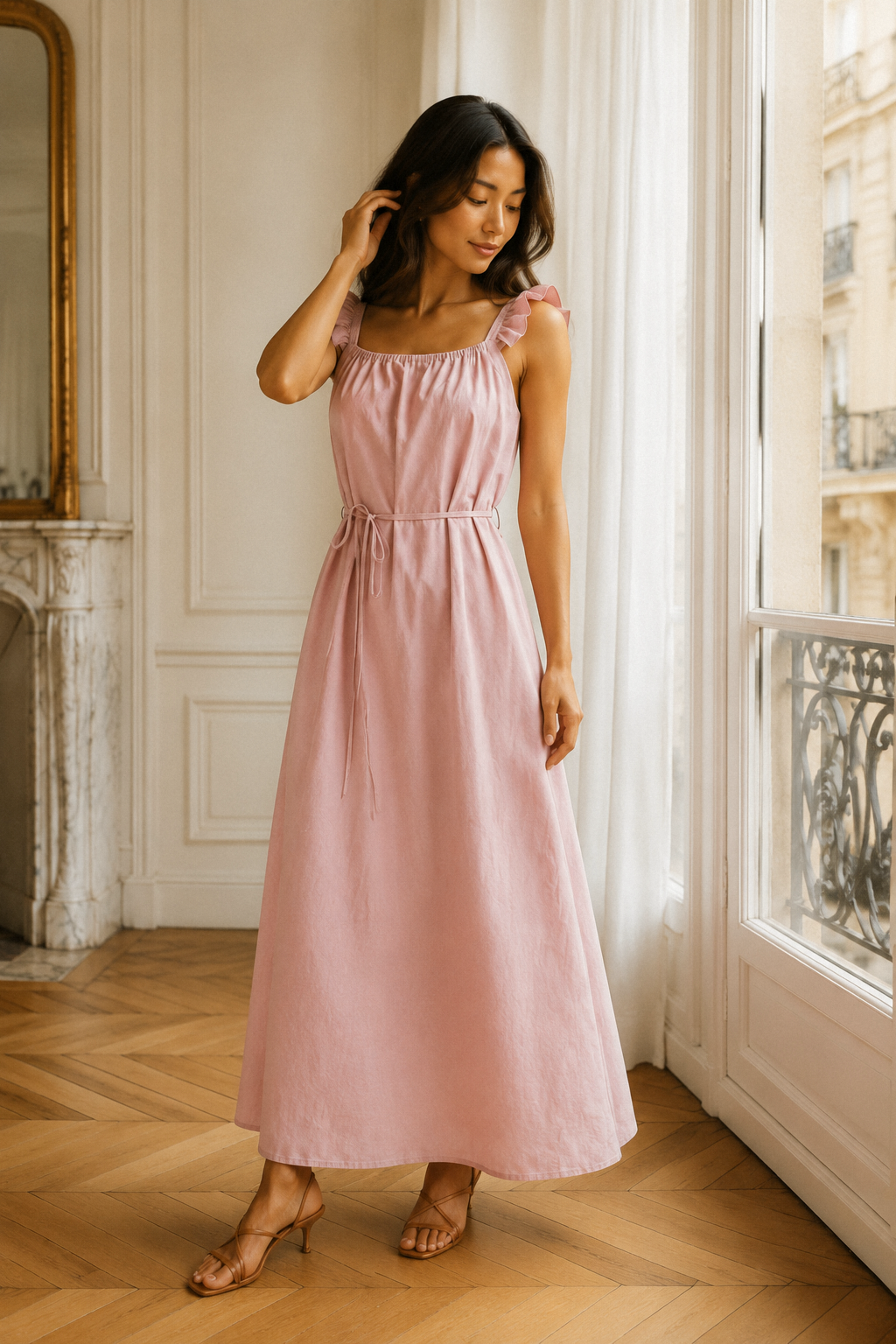 Light pink cotton relaxed fit midi dress, three-quarter view, relaxed fit and cinched waist