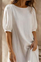 White linen high-low midi dress, fabric detail, flax weave in raking light