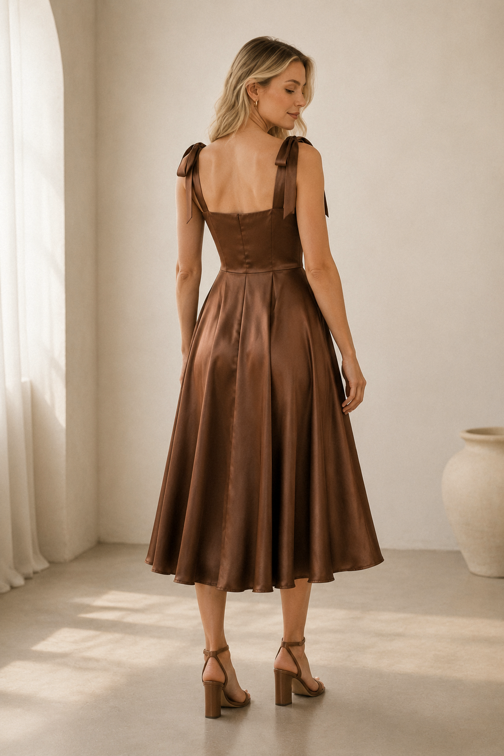 Brown silk a-line midi dress, back view, tie straps and smooth back bodice
