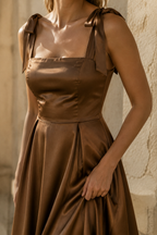 Brown silk a-line midi dress, fabric detail, soft sheen in raking light