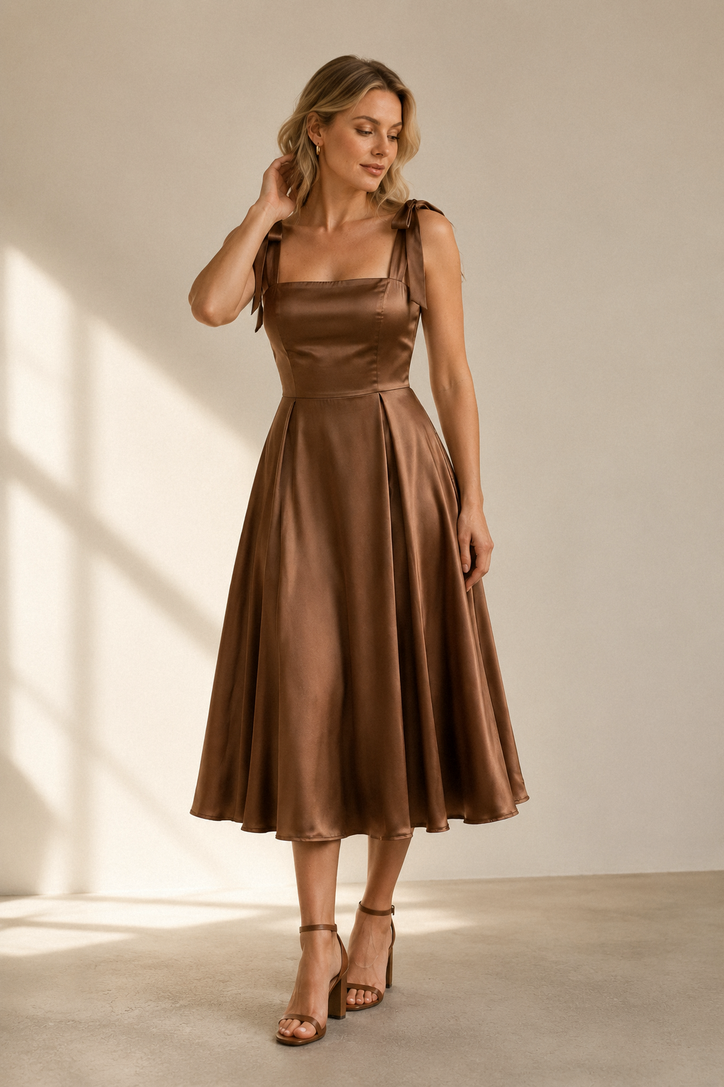 Brown silk a-line midi dress, full front view, flared midi skirt and fitted bodice