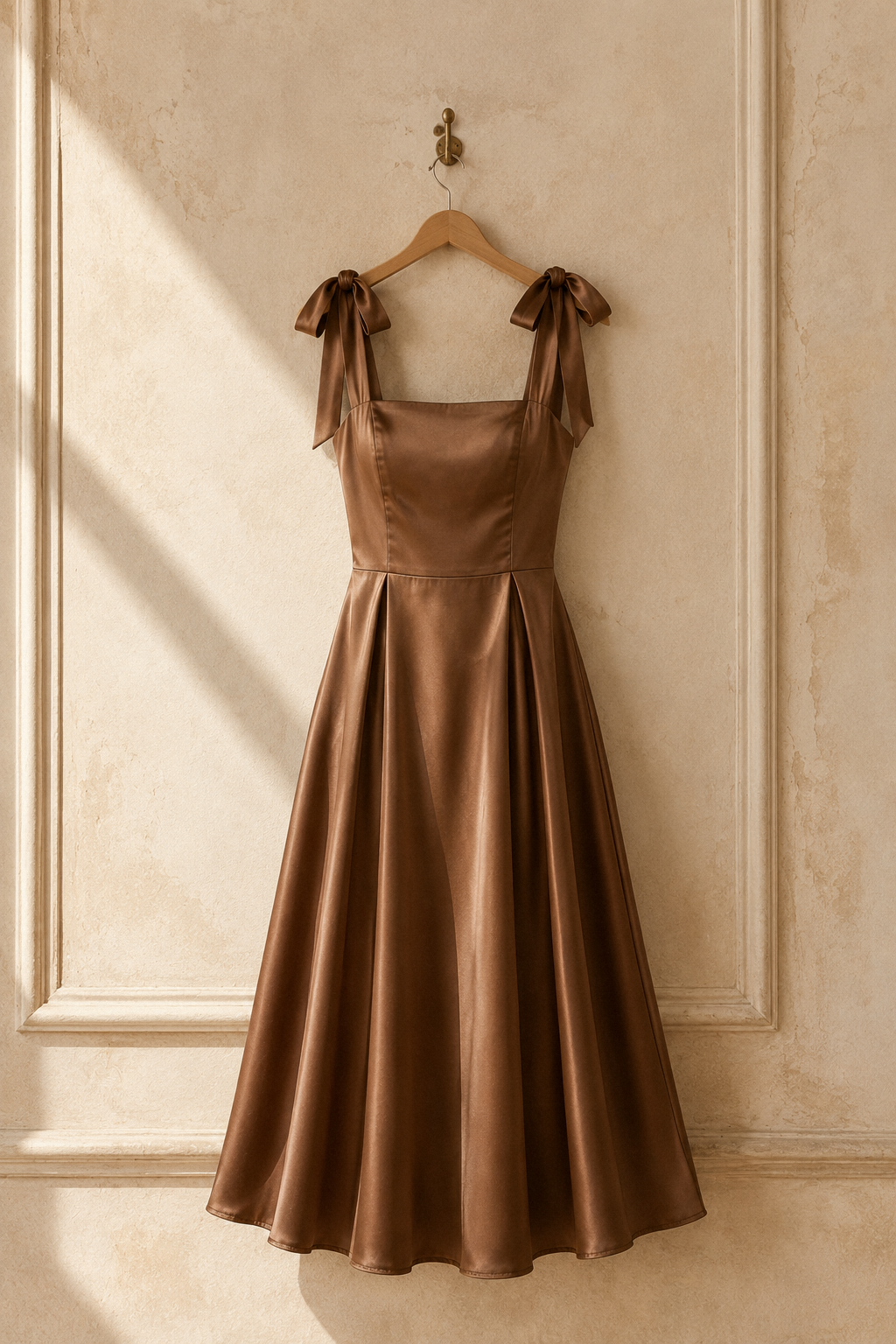 Brown silk a-line midi dress, hanging on wooden hanger against plaster wall