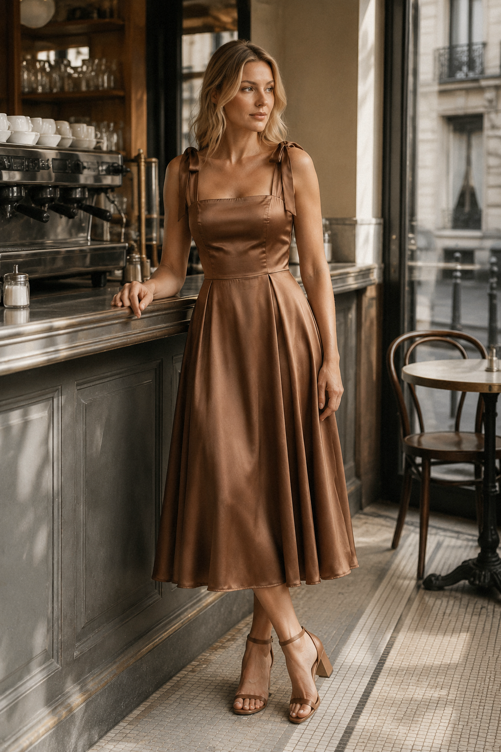 Brown silk a-line midi dress, lifestyle, quiet afternoon light, gentle movement
