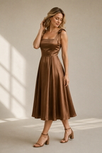 Brown silk a-line midi dress, three-quarter view, a-line silhouette and flowing fabric drape