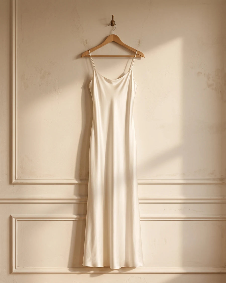 Model wearing an ivory silk satin slip gown — Aged Parisian plaster wall