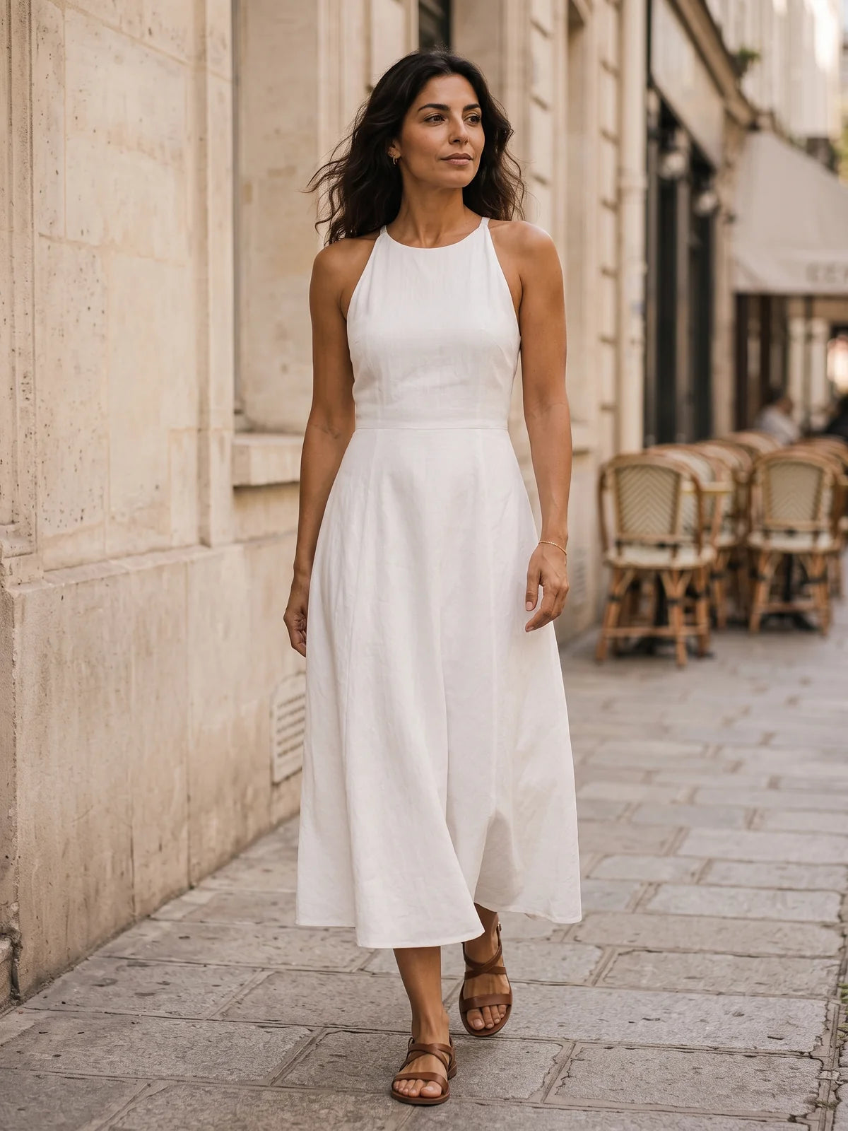 Model wearing the real garment has a high halter neckline at the FRONT and an open back with a wide smocked panel and thin spaghetti straps at the BACK — front and back views look different but are the SAME dress — Cobblestone café sidewalk