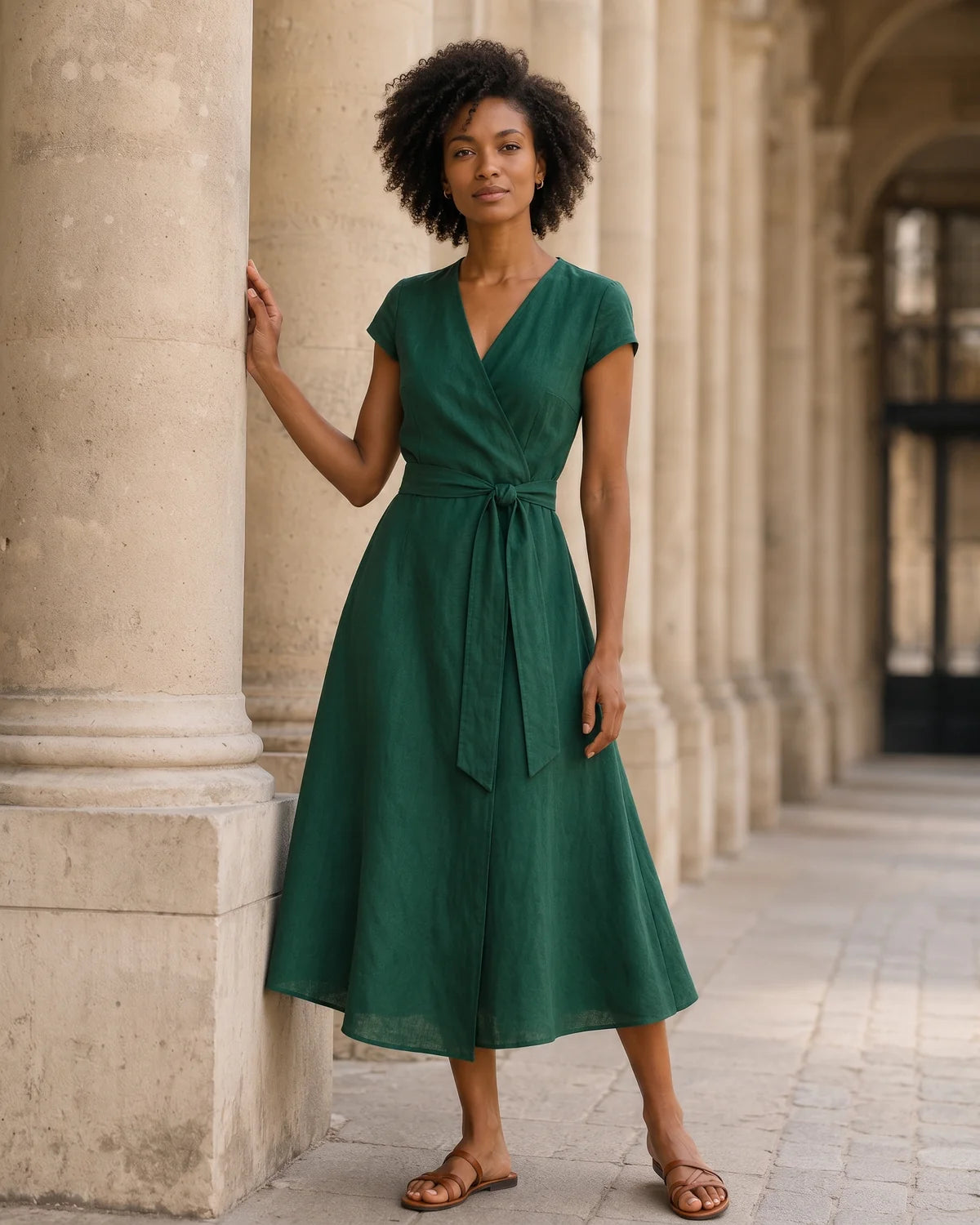 Model wearing an emerald green wrap midi with cap sleeves and a wide sash tied at the front waist — Arcade colonnade