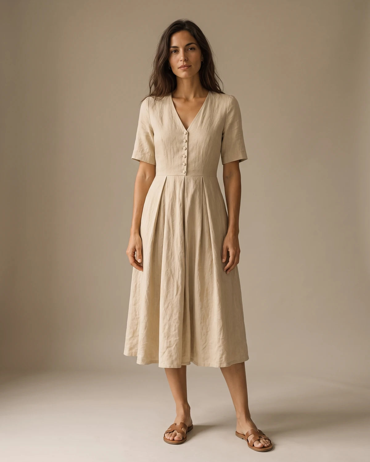Model wearing a V-neck button-front midi with short elbow-length sleeves and a box-pleated skirt; the small buttons are fabric-covered in the same sand-beige linen — Warm greige studio